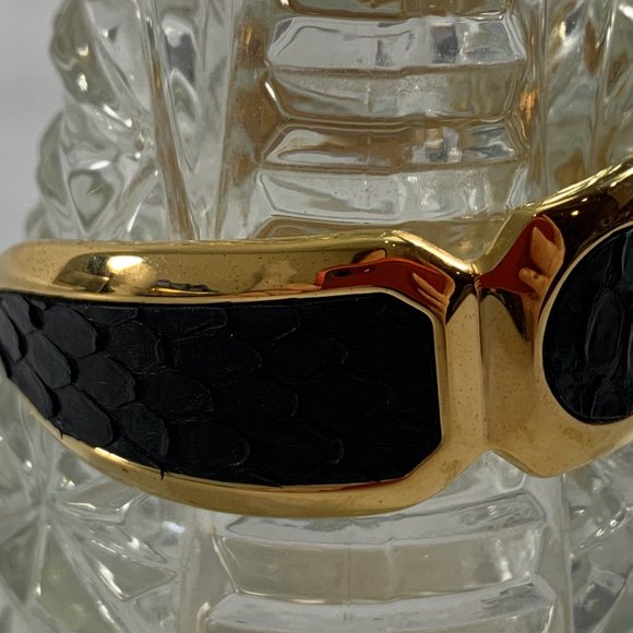 Rustic Cuff Gold Tone Black Snakeskin Leather Python Open Cuff Bracelet - Picture 6 of 9